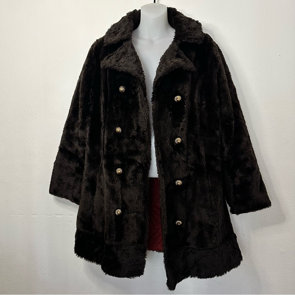 Glenoit vegan dark brown fur coat with gold button details